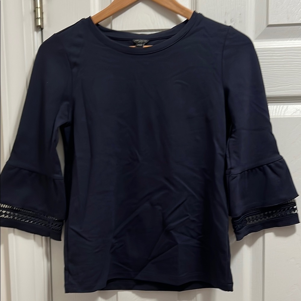 Ann Taylor Navy Blue Ruffled Bell Tiered Lace 3/4 Sleeve Blouse